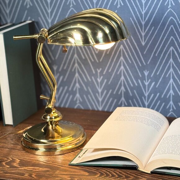 Vintage Brass Shell Desk Lamp Adjustable Reading Light with Scalloped Shade - Picture 1 of 16